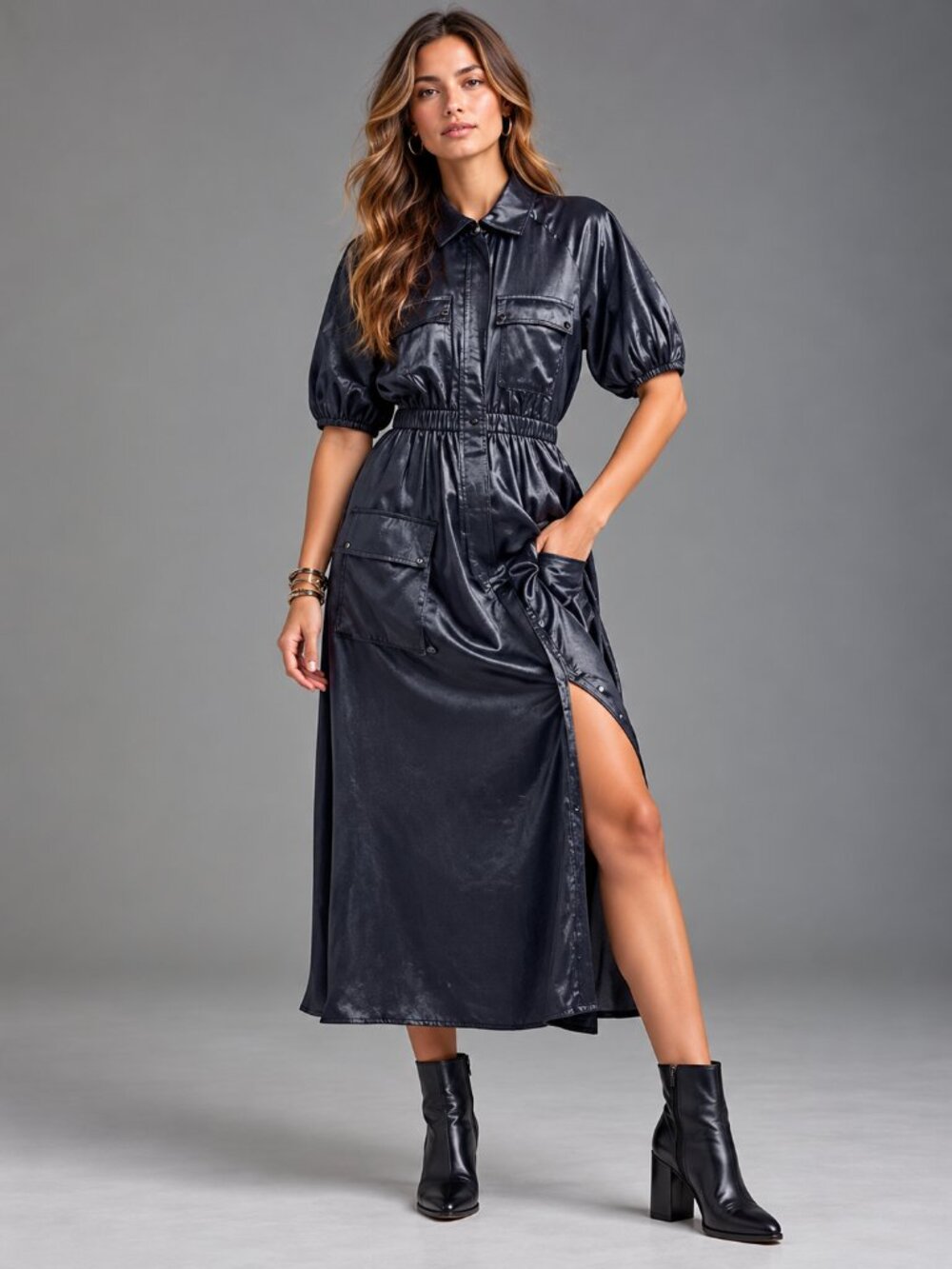Anthropologie Samant Chauhan Metallic Gray Utility Shirt Maxi Dress Sz L